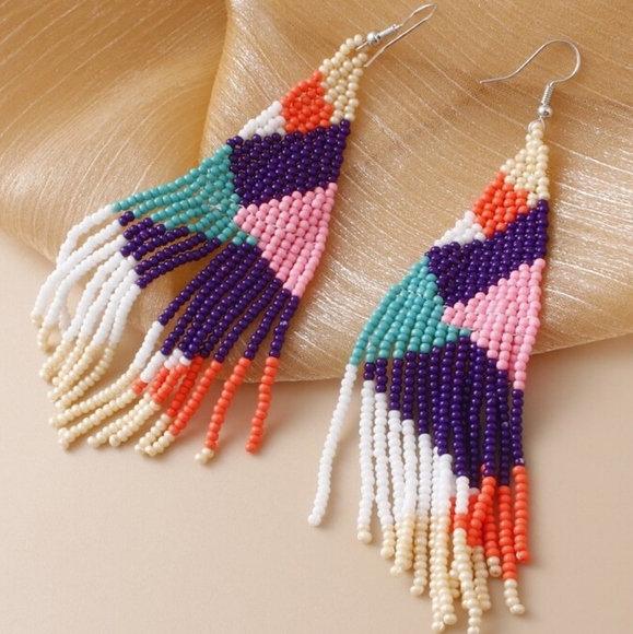 Long 5.5" Multicolor Abstract Color Block Earrings Beaded Oversized Bohemian New - Picture 3 of 4